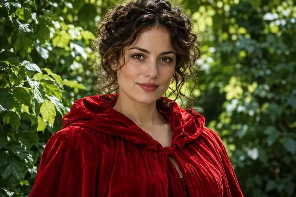 Source portrait of an adult in a red costume, facing the camera against a leafy green background.